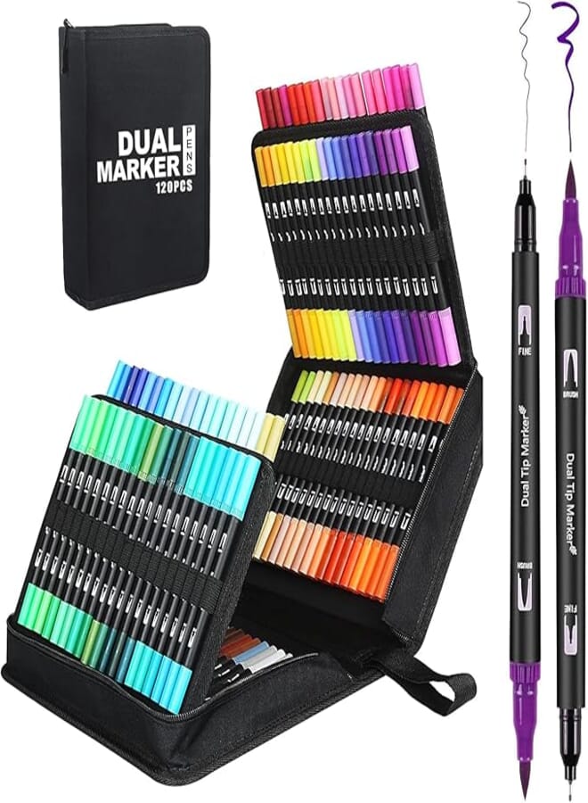 KIDSZ Markers for Adult Coloring Books: Brush Pens Dual Brush Fine Tip Drawing Pens Water-Based Coloring Markers for Kids Adults Artist Calligraphy Bullet Journal with Carrying Case (Pack of 120)